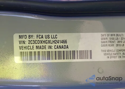 2020 Dodge Charger Gt Rwd из США, поврежденный, VIN 2C3CDXHGXLH241466